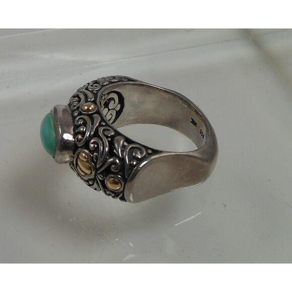 Elegant Vintage Turquoise Ring Sterling Silver 18K Gold Handmade Designer Size 8 - Picture 2 of 10